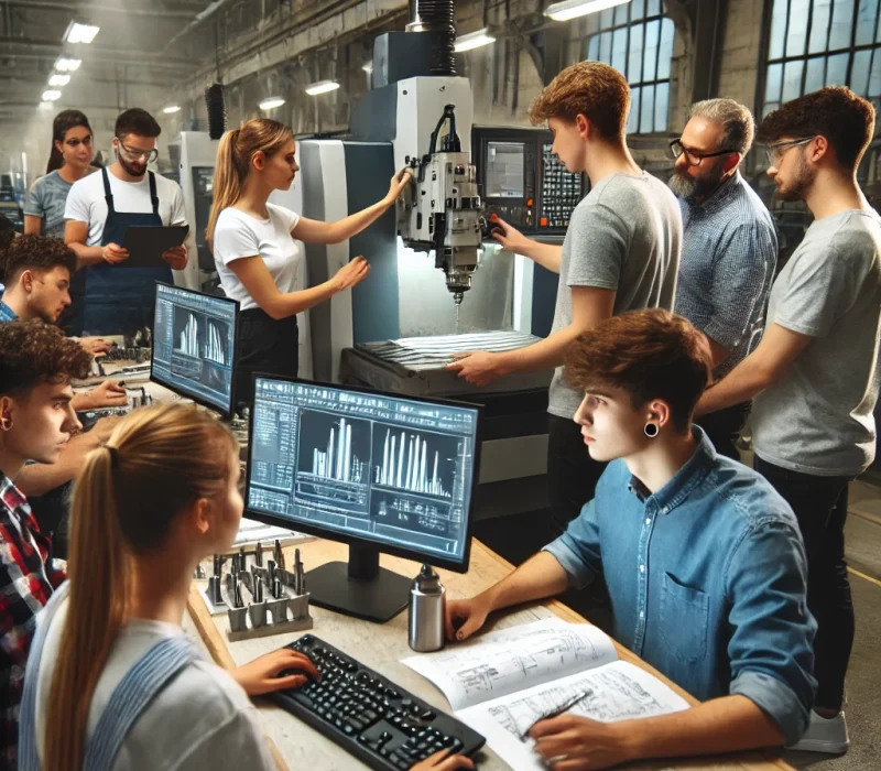 DALL·E 2025-03-28 11.54.34 - A classroom where students, both male and female, are engaged in a CNC milling course. The students are working on CNC milling machines, programming n